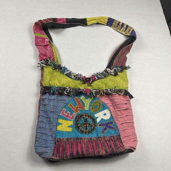 Boho Crossbody Hobo Bag Cotton Purse Fringe New York Embroidered Patchwork - Picture 1 of 12